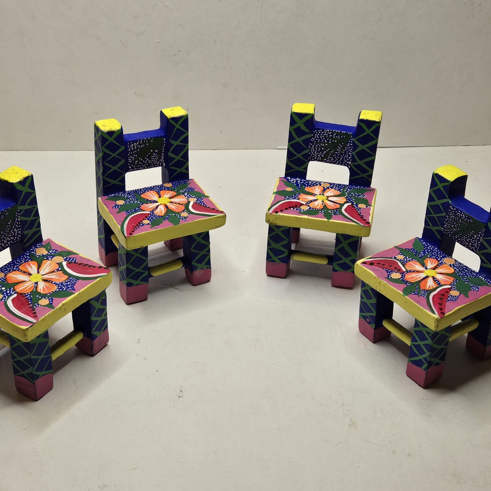 Lot Of 4 Colorful Mexican Hand Painted Carved Wood Toy Chairs